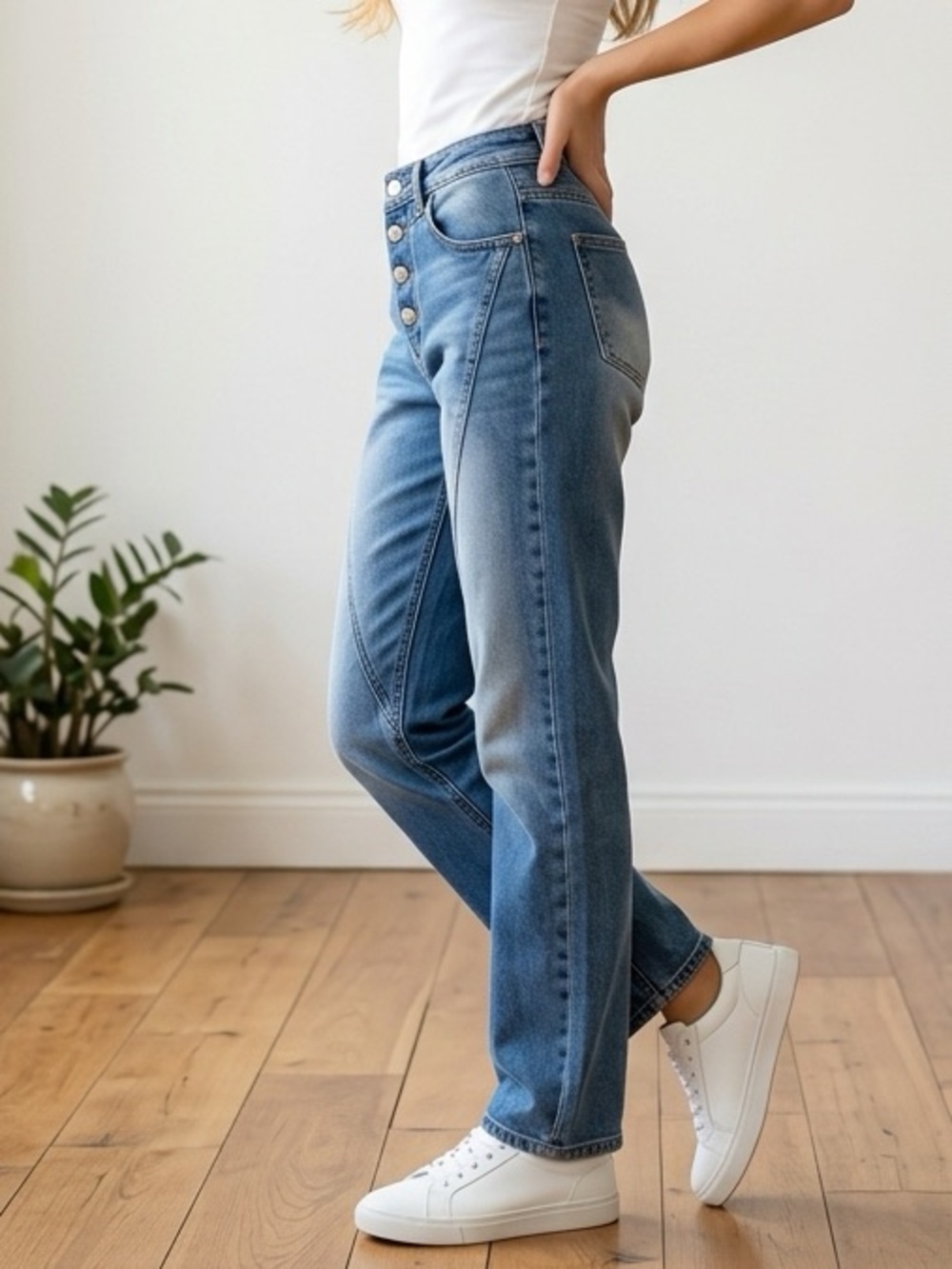 MISSLOOK Blue High Rise Straight Leg Jeans Size M 90’s Button Fly